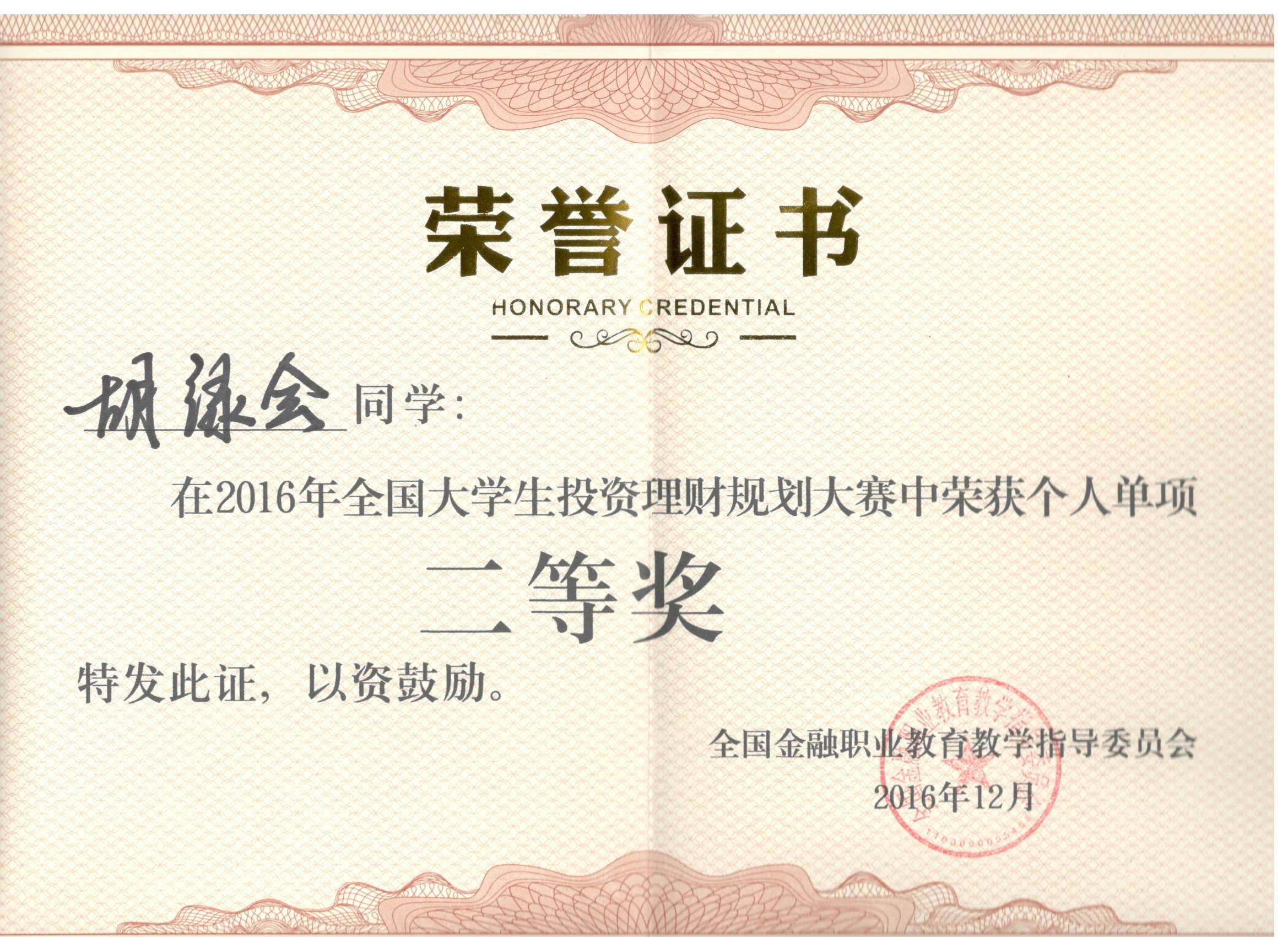 2016年全国老员工投资理财规划大赛个人单项奖